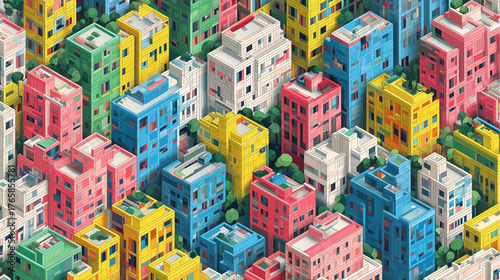 Colorful Isometric Cityscape with Modern Apartment Buildings and Rooftop Gardens in a Dense Urban Layout – Digital Illustration