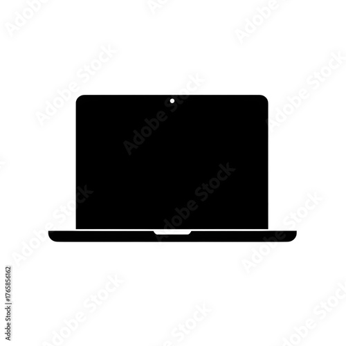 A simple black silhouette of a laptop computer with a webcam on a plain white background illustration