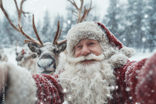 Santa Claus in red costume taking a selfie with a reindeer