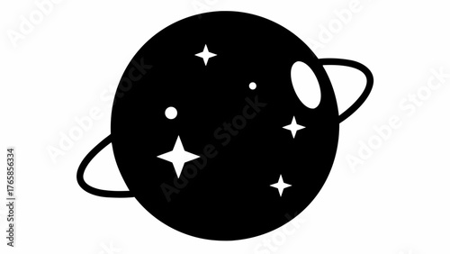 Stylized black planet with ring and stars in space on white background illustration image design