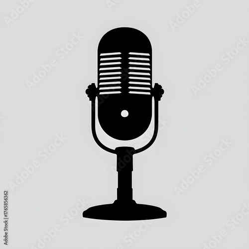 A black silhouette of a vintage microphone with horizontal lines on a light gray background image design