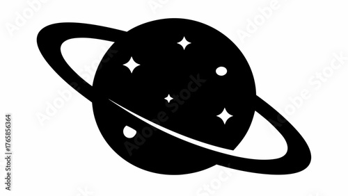 Illustration of a stylized planet with rings and stars in a simple black and white design style image