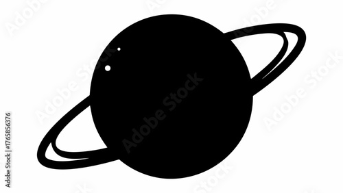 Black saturn like planet with rings and two white spots isolated on a white plain background view