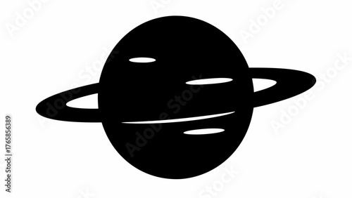 Illustration of a black planet with rings around it on a white background in a simple style