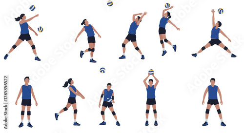 Dynamic volleyball players demonstrating skills in various action poses on white background