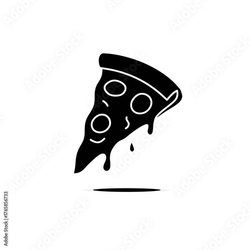 A black and white graphic illustration of a slice of pizza with melting cheese and pepperoni toppings
