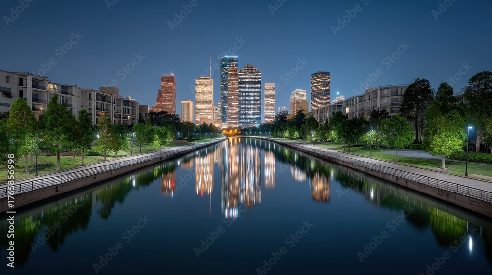 Fototapeta premium Stunning Cityscape of Houston, Texas at Night with River Reflection, Bright Lights, and Lush Greenery in Modern Urban Setting