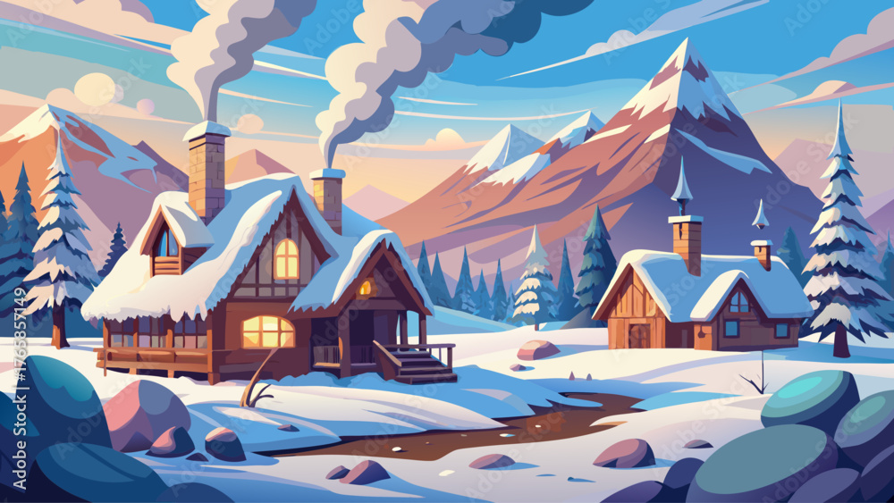 Naklejka premium Realistic snowy village with a wooden cabin and smoke from chimney, cloudy sky, no sunlight, calm winter day, soft colors, natural landscape, quiet peaceful atmosphere, vector illustration
