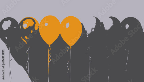 Graphic image features orange balloons and gray shadows on a light gray background, abstract and festive