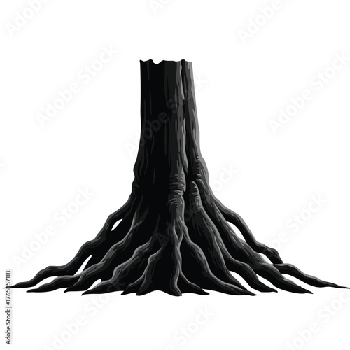 Stylized vector tree stump with exposed roots isolated on a white background illustration