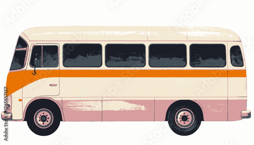A vintage-style illustration of a retro bus, with an orange stripe and dark windows