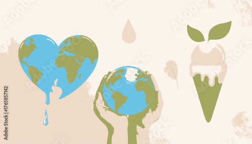 Stylized illustration featuring Earth-shaped heart, hands cradling globe, a drop, and ice cream