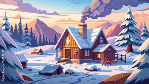 Realistic snowy village with a wooden cabin and smoke from chimney, cloudy sky, no sunlight, calm winter day, soft colors, natural landscape, quiet peaceful atmosphere, vector illustration
