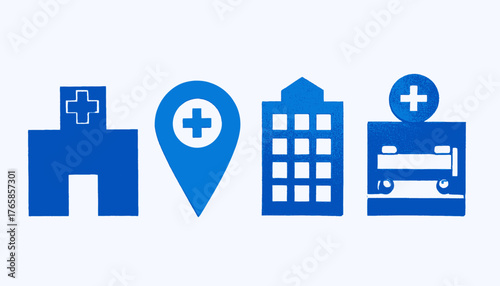 A collection of blue icons representing healthcare services, including hospital, location, buildings, and emergency