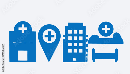 A blue graphic featuring several stylized medical icons including buildings, a marker, and a hospital bed