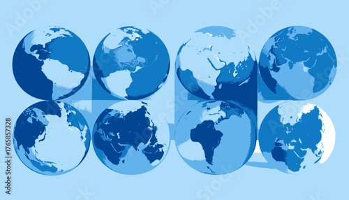 Eight stylized, two-tone representations of Earth, showing various geographic regions in shades of blue