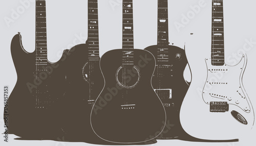 Stylized image depicts five guitars of different types. Silhouettes appear against a neutral backdrop