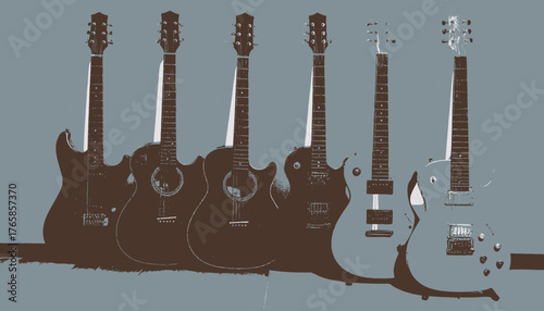 Several electric and acoustic guitars in different shades of brown and blue against a grey backdrop