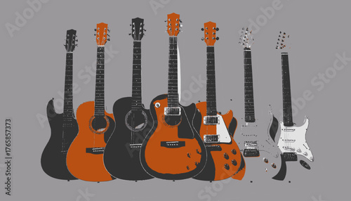 A collection of stylized guitars, rendered in grayscale and orange hues, set against a grey background