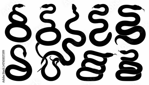 Black snake silhouettes in various poses with different body forms, and tongues displayed