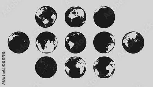 A set of black and white illustrations of Earth globes at different rotations