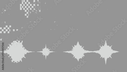 Abstract digital composition featuring a pixelated background and spiky, star-like central forms