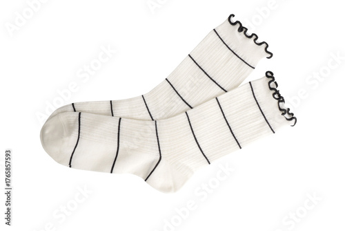 Cozy white socks with black stripes and ruffled edges on transparent background