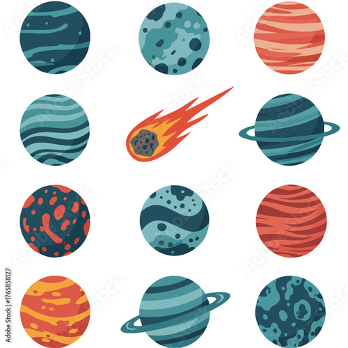 Colorful planets and meteorites illustrations for children's educational purposes and design assets