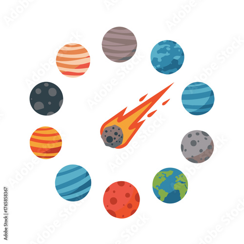 Planets surrounding asteroid impact cosmic events astronomical vector illustration educational