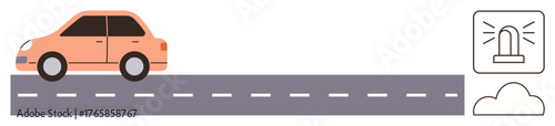 Small car on a gray highway with dashed lanes, emergency alert icon, and cloud symbol. Ideal for transportation, travel, safety, alert systems, road infrastructure, traffic management simple flat
