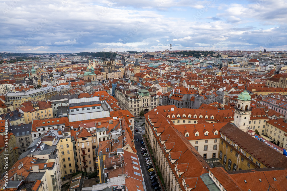 Naklejka premium Beautiful Aerial View of Prague City, Czech Republic — Historic Skyline with Vltava River, Charles Bridge and Prague Castle