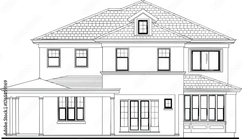 © Creative Crave - Two story residential house elevation vector, black and white architectural drawing, gable and hip roof, porch columns, bay window, symmetrical facade illustration