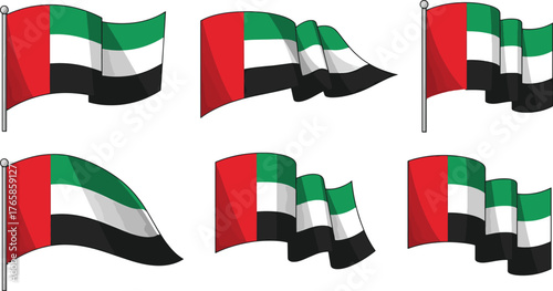 UAE Flags Grouping Varied Waving Style Representing National Pride Middle Eastern Icon Symbol Graphics Collection