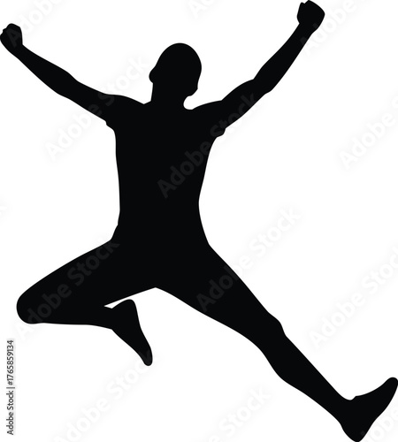 a person jumping with arms raised in the air and one leg bent at the knee in black color