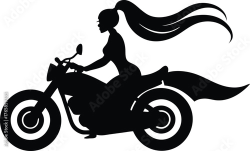 a woman riding a motorcycle with ponytail blowing in the wind on a white background