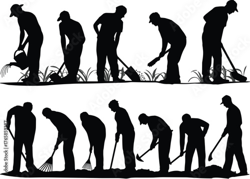 Gardening silhouettes, people working in garden, landscaping workers, outdoor farming tools, watering plants, digging soil, raking leaves, hoeing ground, agriculture labor