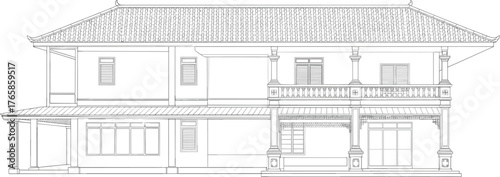 Two story architectural house elevation vector, black and white drawing, traditional tiled roof with curved eaves, balcony columns, symmetrical facade, residential illustration