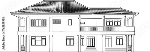 Two story traditional house elevation vector, black and white architectural drawing, tiled sloped roof, balcony railing, decorative columns, symmetrical facade, residential illustration