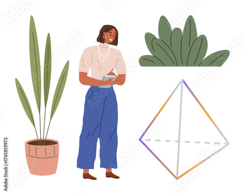 Woman holding notebook and writing, accompanied by potted plant, green shrub, and colorful prism shape. Ideal for creativity, planning, education, growth, organization geometry mindfulness simple