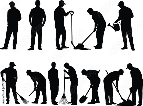 Silhouette workers cleaning, sweeping, shoveling, raking, watering plants, janitorial staff, maintenance crew, outdoor labor, housekeeping, sanitation, gardening,