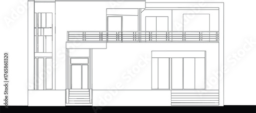 Contemporary two story house elevation vector, black and white architectural drawing, modern residential building design, flat roof, balcony, windows, doors, stairs illustration