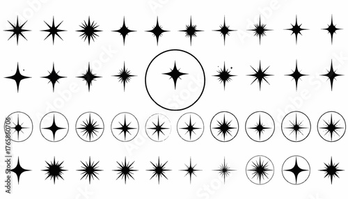 A collection of star-shaped designs. Some are within circles, all are black and white, various shapes