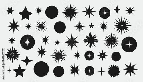 Black and white image featuring an assortment of star shapes and circles against a light gray background