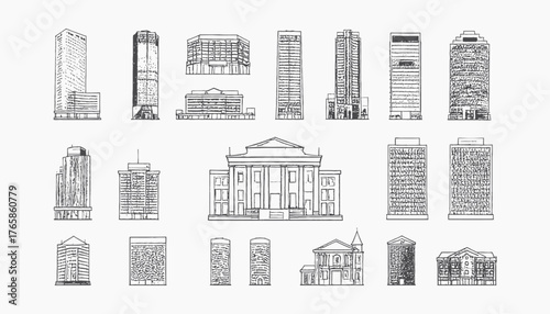 Collection of architectural illustrations showing varied building styles from various perspectives