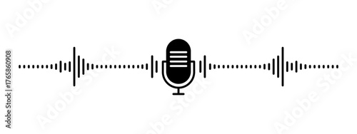 Black microphone icon vector,voice recording, input, or an active podcast audio sound waves.