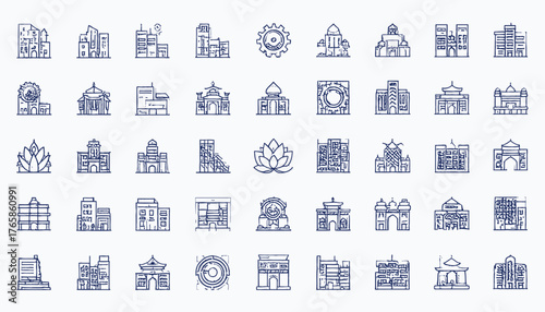 A collection of hand-drawn architectural icons, showcasing various building styles and elements