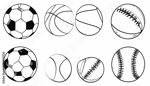 Black and white illustration of different ball types. Sports balls, lines, and shapes on white