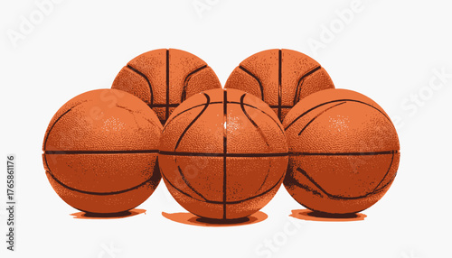 Five stylized basketballs in a group, facing forward with a white background, orange and brown tones