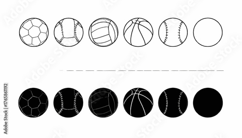 Drawn graphic showcasing various sports balls, including soccer, baseball, volleyball, and basketball