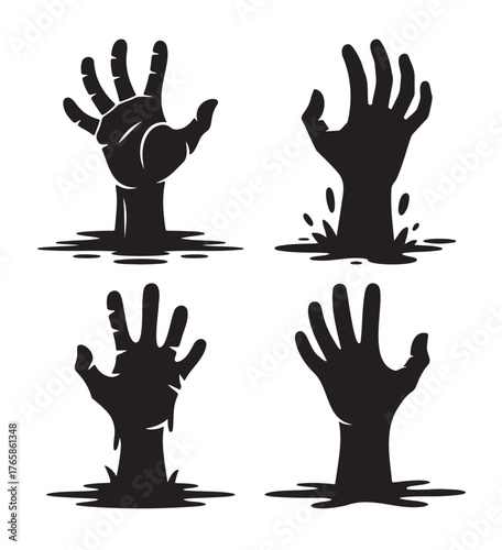 Zombie hand silhouettes rising from the ground vector illustration for Halloween designs isolated on white b